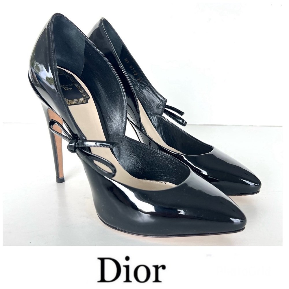 CHRISTIAN DIOR Black Patent Leather Bow Accents D'Orsay Heel Pumps Sz 38 NWB